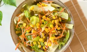 Ensalada china fresca con lechuga, zanahoria rallada, maíz y brotes.