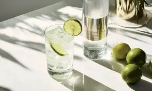 Szklanka z wódką i lodem, plasterkami limonki, butelka wódki i kilka limonek na marmurowym blacie.