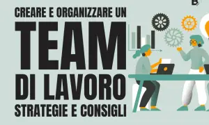 Creare e organizzare un team di lavoro: strategie e consigli per il tuo programma lavori. Illustrazione con ingranaggi e persone che collaborano.