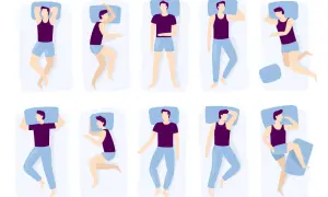 Illustrations of men in various sleeping positions. Some suggest the best sleeping position for heart palpitations involves side sleeping.