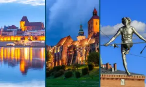 Kujawy atrakcje: Toruń nocą, zamek w Golubiu-Dobrzyniu i rzeźba na linie.
