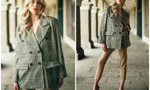Kobieta w dwurzędowej marynarce w kratę i beżowych spodniach prezentuje styl smart casual.