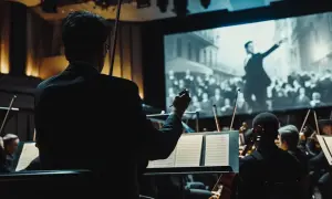 Conductor leads an orchestra playing music needed for film, with a silent movie projected behind them.