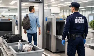 Mężczyzna z plecakiem przechodzi przez bramki na lotnisku, podczas gdy pracownik ochrony lotniska nadzoruje proces.
