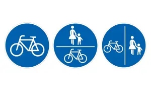 Drei blaue Verkehrsschilder: Fahrrad, getrennter Radweg markierung für Radfahrer und Fußgänger, und kombinierter Rad- und Fußweg.