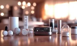 Le **SmartThings Hub** au centre, entouré de capteurs et d'une ampoule connectée, promet une maison intelligente simplifiée.