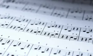 Gdzie w uroczystej cichości nuty układają się w melodię. Delikatne linie pięciolinii i czarne nuty tworzą obraz muzyki.
