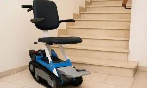 Un robot montascale blu e grigio, con sedile nero, pronto ad affrontare le scale di marmo.