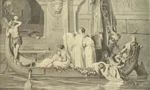 Scène de la mythologie grecque : Thésée, vainqueur du Minotaure, arrive en bateau. Des femmes pleurent, un taureau orne un monument.