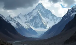 Majestatyczny, ośnieżony najwyższy szczyt Karakorum góruje nad kamienistą doliną z lodowcem i rzeką.
