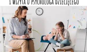 Psycholog rozmawia z dzieckiem w gabinecie, na ścianie rysunki.