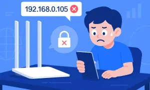 Chłopiec martwi się, bo widzi "192.168.0.105" z czerwonym krzyżykiem. Co oznacza wykrzyknik przy zasięgu sieci? Problem z połączeniem.