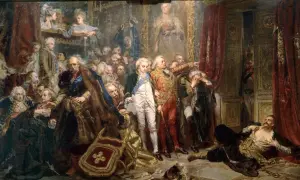 Scena dramatyczna przedstawiająca upadek Rzeczypospolitej. Postacie w historycznych strojach, chaos i rozpacz.
