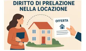 Una donna guarda una casa mentre una mano offre un documento con la scritta "OFFERTA". Illustra il diritto di prelazione nella locazione, con un fac simile di lettera.