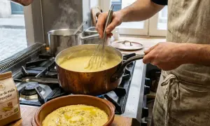 Un chef prépare une recette de polenta crémeuse, fouettant la semoule dans une casserole en cuivre sur le feu. Une autre portion de polenta, arrosée d'huile d'olive, est prête dans un plat en terre cuite.