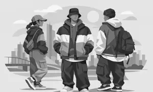 Trzy osoby w miejskiej scenerii, ubrane w luźne bluzy, kurtki i spodnie cargo. To właśnie streetwear – styl uliczny, który definiuje swobodę i indywidualność.