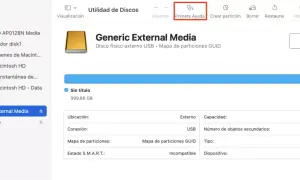 El disco duro externo "Generic External Media" no detecta el disco, aparece como "Incompatible" en Utilidad de Discos.