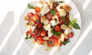 Tomate Mozzarella Salat mit geröstetem Brot und Basilikum, ein sommerlicher Genuss.