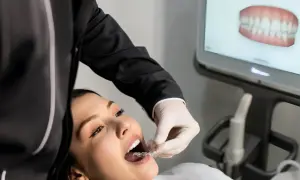 Dentysta pomaga pacjentce z kruche zęby jak wzmocnić, zakładając jej przezroczysty aparat ortodontyczny. Na ekranie widać wizualizację uzębienia.