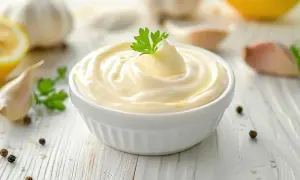 Mayonesa casera hecha en Thermomix, cremosa y deliciosa, con ingredientes frescos como limón y ajo.