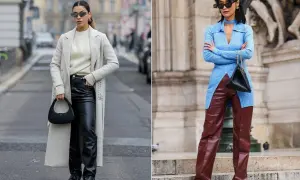 Kobiety prezentują różne stylizacje ze skórzanymi spodniami. Jedna w czarnych, druga w bordowych. Jakie buty do skórzanych spodni? Oto inspiracje.
