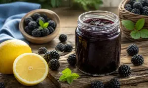 Frische Brombeeren, Zitrone und ein Glas selbstgemachte Brombeeren-Marmelade. Perfekt zum Brombeeren einkochen.