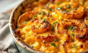 Un délicieux gratin de butternut aux rondelles dorées et persil frais, servi dans un plat en céramique.