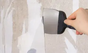 Maintenant, il faut enlever la moquette collée sur béton. Une spatule métallique décolle le revêtement mural.