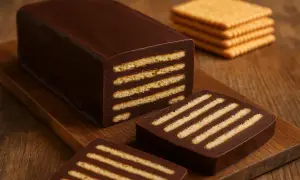 Schokoladenkuchen mit Butterkeksen, ein klassisches Kalter Hund DDR Rezept.