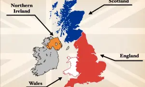Mapa del **UK** que es: Escocia (azul), Inglaterra (rojo), Gales (blanco) y la Irlanda del Norte (naranja).