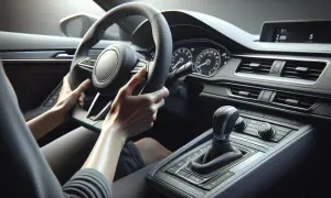 Mani sul volante di un'auto moderna. Il cruscotto è visibile, con cambio automatico e display. Chissà quanto tempo ho per fare la revisione prima di doverla portare dal meccanico.