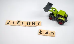 Drewniane klocki z literami "ZIELONY ŁAD" i zielona zabawka koparka na białym tle.