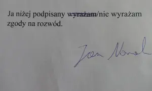 Podpis pod tekstem "Ja niżej podpisany wyrażam/nie wyrażam zgody na rozwód." - to ważny krok, gdy zastanawiasz się, jak złożyć pozew rozwodowy.