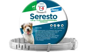 Seresto Halsband für Hunde bis 8 kg mit dem Wirkstoff Imidacloprid und Flumethrin. Bietet 7-8 Monate Schutz vor Zecken, Flöhen und Haarlingen.