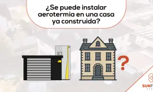 ¿Es posible instalar aerotermia en una casa ya construida? Ilustración de una unidad exterior y una casa, con un gran signo de interrogación.