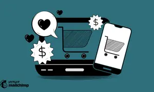 Iconos de carrito de compras, corazones y signos de dólar sobre un portátil y un teléfono, representando el éxito del ecommerce content marketing.