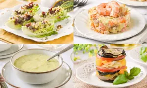 Cuatro deliciosos primeros platos: ensalada de lechuga, ensaladilla rusa con gamba, crema de verduras y torre de verduras asadas.