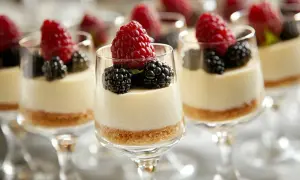 Små glas med cheesecake, toppade med hallon och björnbär. Ett perfekt hallon recept för festen!