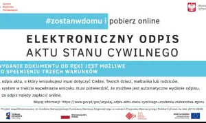 Grafika przedstawia nagłówek "ELEKTRONICZNY ODPIS AKTU STANU CYWILNEGO" z hasłem #zostanwdomu.