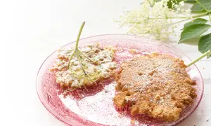 Zwei goldbraune Holunder-Pfannkuchen, mit Puderzucker bestäubt, auf einem rosa Teller. Ein Holunderzweig liegt daneben.