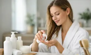 Kobieta w szlafroku aplikuje Olaplex 8 na mokre włosy. Zobacz, jak stosować ten produkt dla najlepszych efektów.