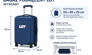 Granatowa walizka LOT, idealna jako bagaż podręczny. Wymiary 55x40x23 cm, waga do 8 kg. Zmieści się pod fotelem.