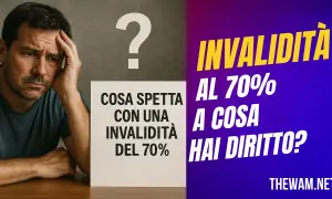 Uomo pensieroso con punto interrogativo. Testo: "Cosa spetta con una invalidità del 70%? Invalidità al 70%, a cosa hai diritto?