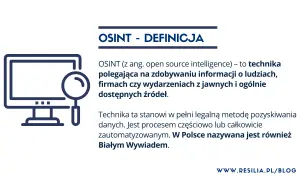 Grafika przedstawia ikonę komputera z lupą, symbolizującą OSINT. W tekście wyjaśniono, że jest to technika pozyskiwania informacji, w Polsce znana jako Biały Wywiad.