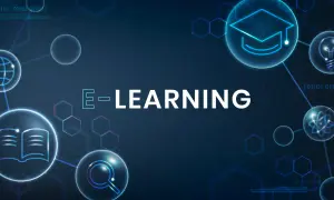 E-learning szkolenia: ikony książki, globu, żarówki, atomu i dyplomu w sieci połączeń.