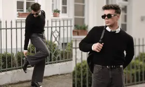 Mann in schwarzem Pullover, weißem Hemd und dunkler Hose, bereit für ein Techno-Festival. Coole Sonnenbrille und Stiefel runden den Look ab.