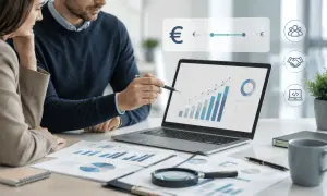Uomini d'affari analizzano grafici su un laptop, con icone che rappresentano crescita, collaborazione e tecnologia. Un grafico mostra un trend positivo, suggerendo un successo **ral dipendente**.