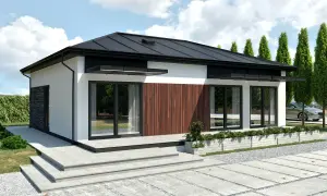 Nowoczesny dom z płyt, z dużymi oknami i drewnianą elewacją, otoczony zielenią.