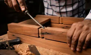 Carpintero usa formón para encajar piezas de madera, un paso clave para como medir un mueble y asegurar uniones perfectas.