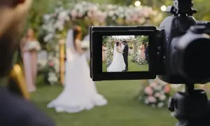 Kamera rejestruje ślubną ceremonię. Na ekranie widać parę młodą, a w tle kwiecisty łuk. To piękne plany w fotografii.
